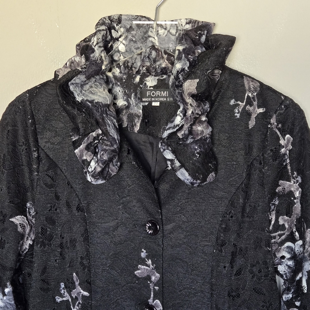 VTG Gothic Punk Whimsigoth Black Floral Lace Ruffled Collar Button Front Coat - Picture 11 of 11